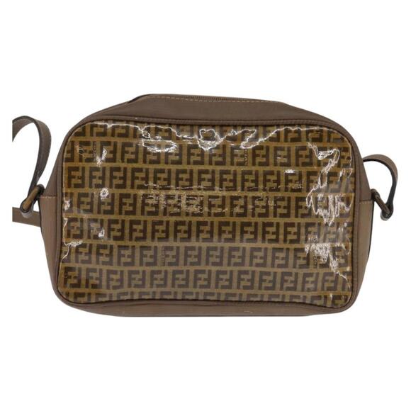 FENDI Zucchino Canvas Shoulder Bag Coated Canvas Beige Auth ti3464